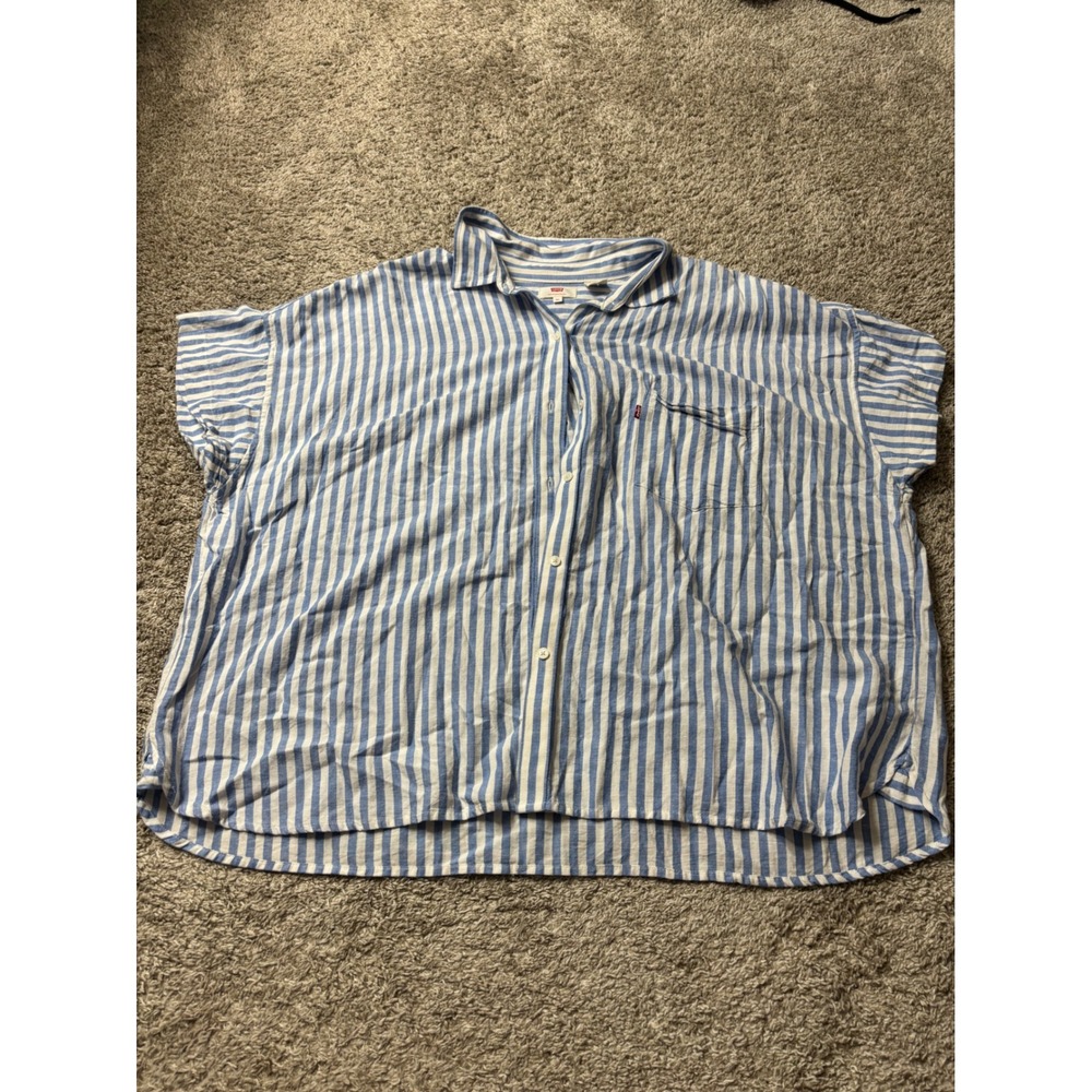 Levis Womens Blue White Striped Short Sleeve Button Down Shirt Boxy Top XL